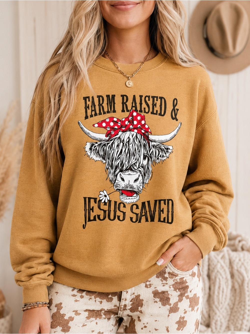 Mustard 'Farm Raised & Jesus Saved' Graphic Sweatshirt